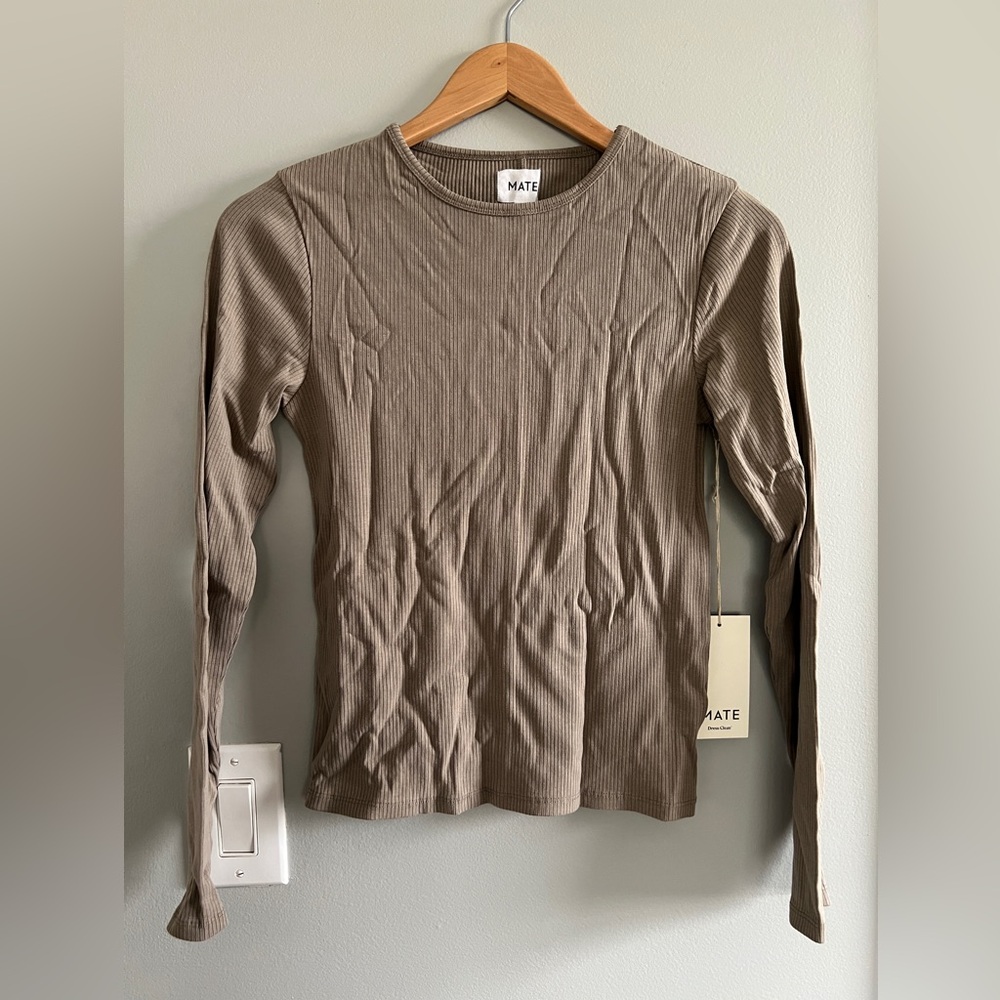 MATE The Label Tencel Rib Long Sleeve Crew Neck in Pebble [NWT]